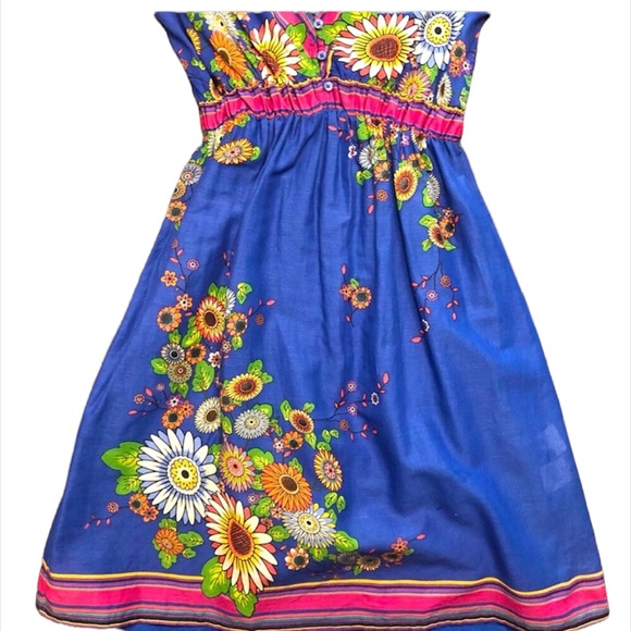 Maurices Super Cute BOHO Dress BLUE w/Bright Orange Yellow Pink Flowers SZ XS - Picture 3 of 5